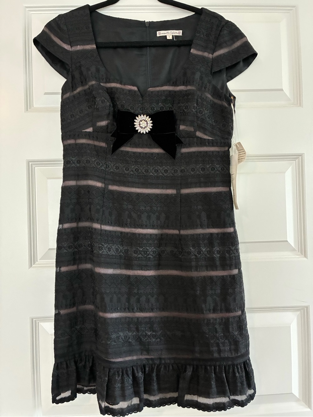 Nanette Lepore Black Dress with Blush-Pink Stripes and Velvet Bow